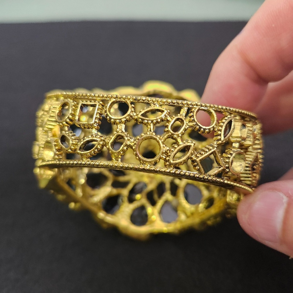 Gold Tone Clamp Bracelet with Teal Turquoise Color Stones Statement Jewelry - Picture 3 of 7